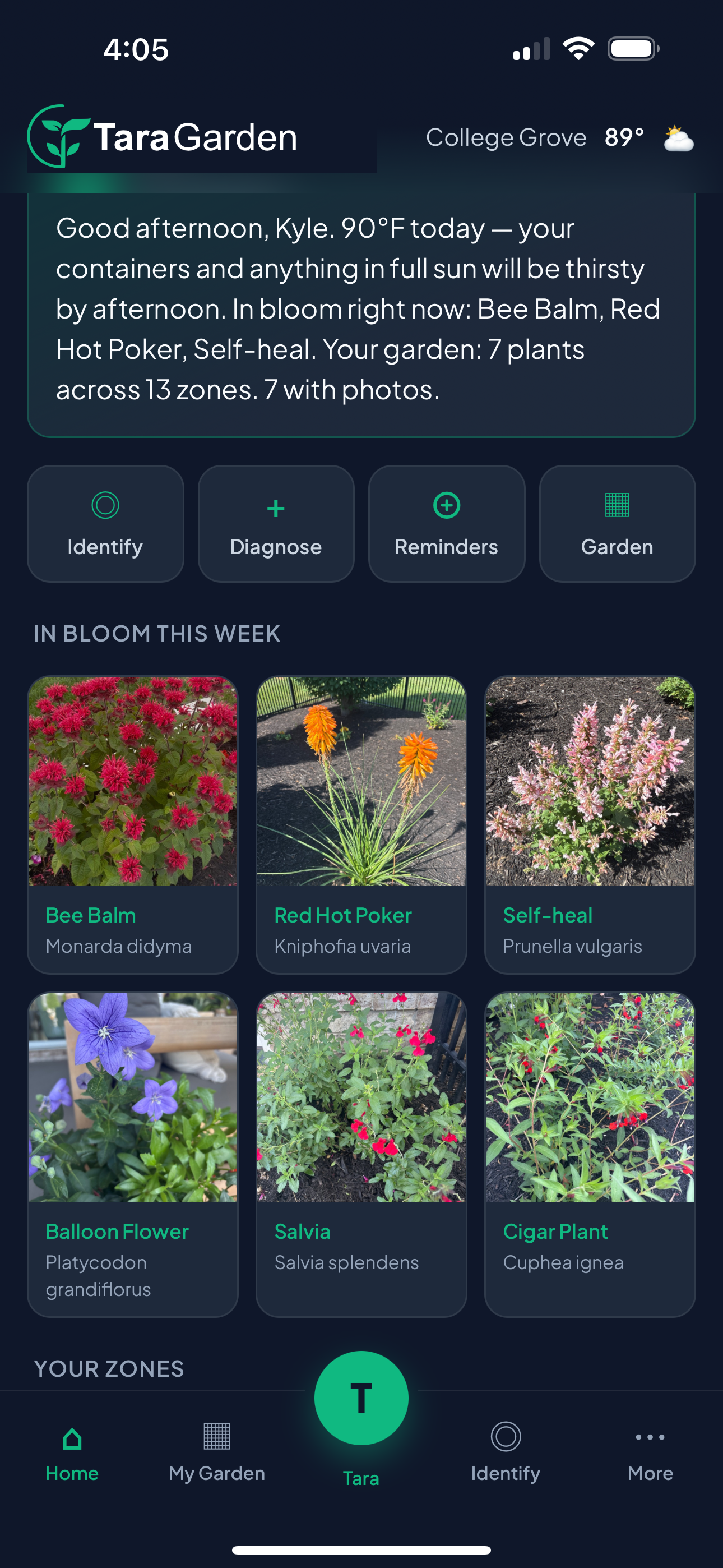TaraGarden app home screen